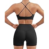 SUUKSESS Womens Workout Set Crew Neck Strappy Sports Bra Tank High Waist Tummy Control Bike Short Outfit