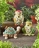 Set of 3 Colorful Flower Friends Owl Frog Turtle Garden Springtime Statue Sculpture Outdoor Yard Decoration
