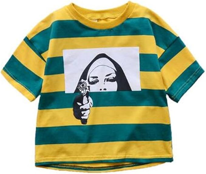 Amazon 韓国子供服 半袖 ボーダーtシャツ 子ども服 韓国子供服 ボーダーtシャツ 子ども服 キッズ 半袖 プリントtシャツ 夏服 涼しい ボーダー 男の子 女の子 おしゃれ イエロー 110 Tシャツ カットソー 通販