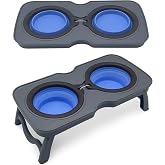 PINVNBY Elevated Portable Dog Bowl, Travel Raised Stand with Collapsible Silicone Double Diner Bowls Non-Slip Food and Water Bowls Holder for Small Dogs and Cats - 14.6" L x 7.5" W x 3.9" H