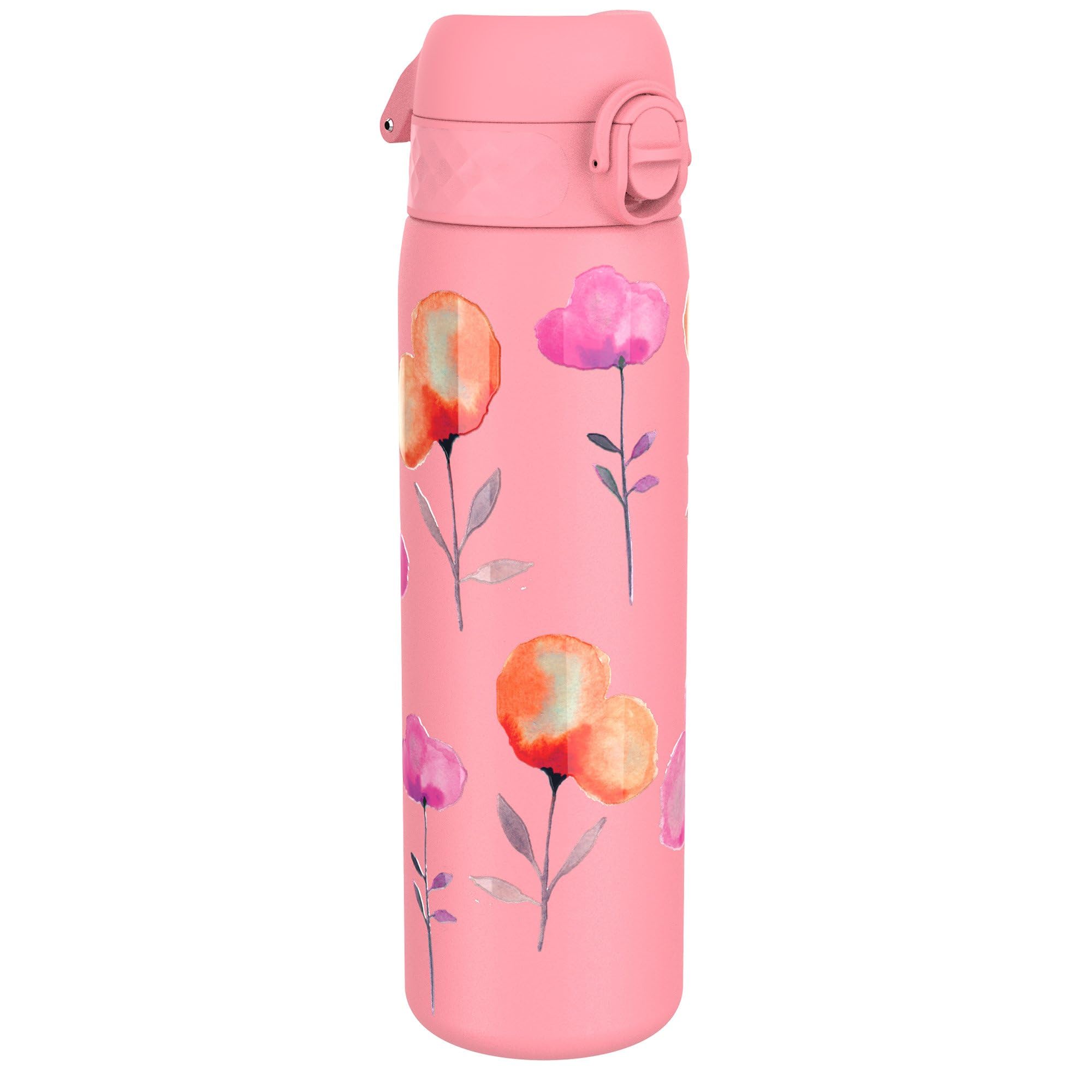 Ion8 Lightweight Steel Water Bottle, 600 ml/20 oz, Non-Insulated, Leak Proof, Easy to Open, Secure Lock, Dishwasher Safe, Flip Cover, Fits Cup Holders, Carry Handle, Metal Water Bottle, Rose Floral