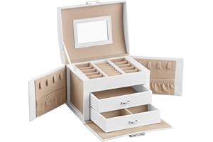 SONGMICS 3-Tier Jewelry Box, Travel Jewelry Case with Handle, 2 Drawers, Lockable Jewelry Organizer with Mirror, Jewelry Storage, Modern Style, Gift for Loved Ones, White UJBC154W01