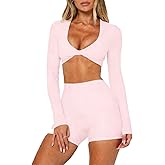 Dressmine Long Sleeve Crop Tops for Women Twist Gym Workout Pilates Yoga Outfits Midium Support V Neck Athletic Wear