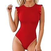 MANGOPOP Women's Body Suits Cute Crew Neck Ruffle Sleeveless Slim Fit Bodysuit Tank Tops Tight Casual Sexy