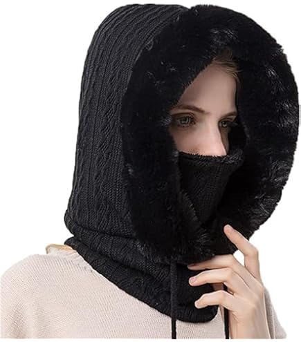 Satın Alın Hooded Scarf Winter Hat Windproof Neck Scarf And Gloves For