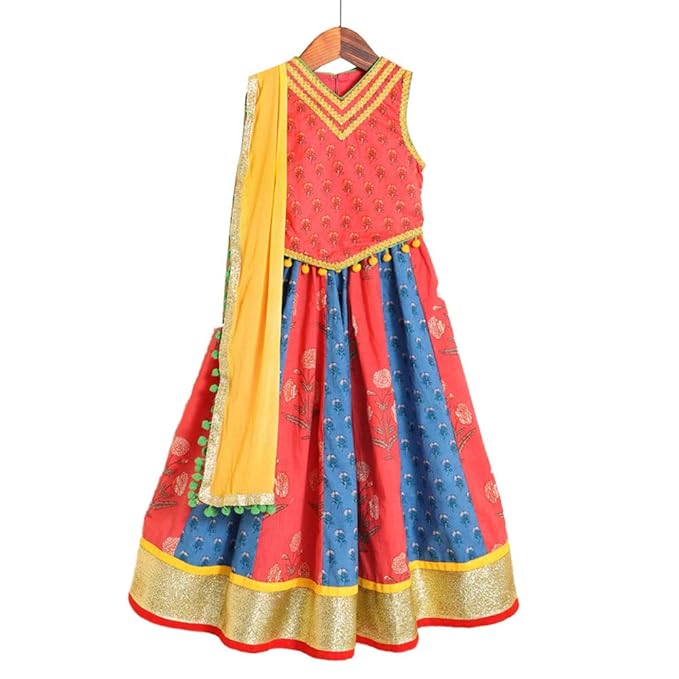 Kids Chakra By Hopscotch Girls Cotton Buds Lehengas & Blouses In Peach Color