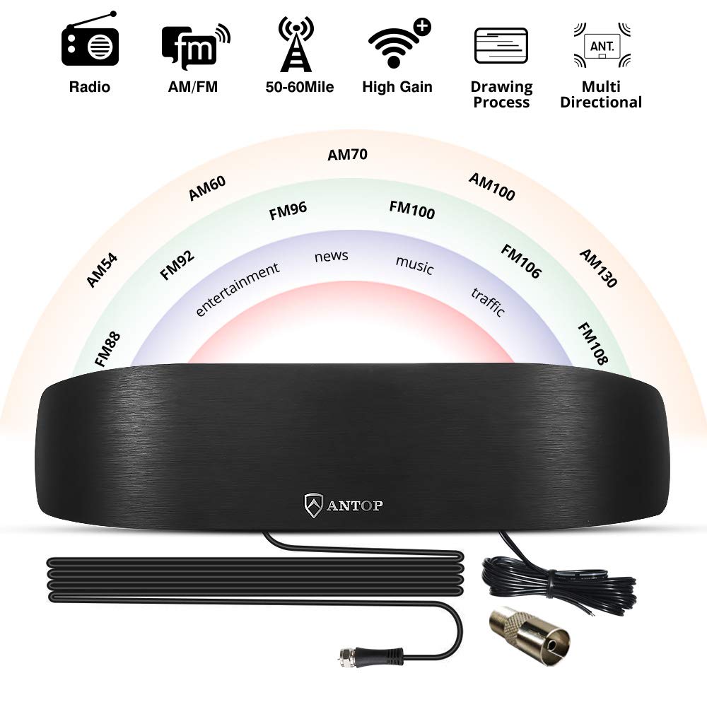 ANTOP Amplified Indoor AM/FM Antenna,50 Mile Radio Antenna, Built-in Digital Amplifier Booster for Stereo Radio Audio Signals RF Broadcast Receiver with Adapter Connector by ANTOP