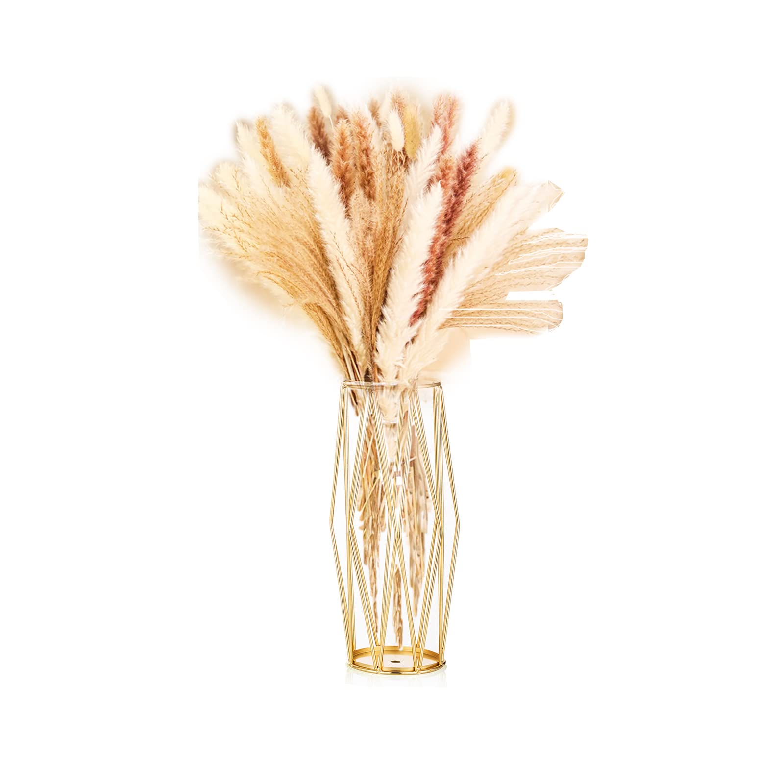 EylKoi Gold Vase with Geometric Metal Rack Gold Vases for Flowers Vases for Centerpieces Modern Large Vases for Living Room Vases Wire for Pampas Grass Home, Shelf, Wedding, Dining table, H: 27cm