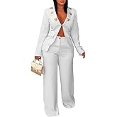 Womens Pants Suits 2 Piece Outfits Dressy Business Casual Sexy Blazer and Wide Leg Pant Set