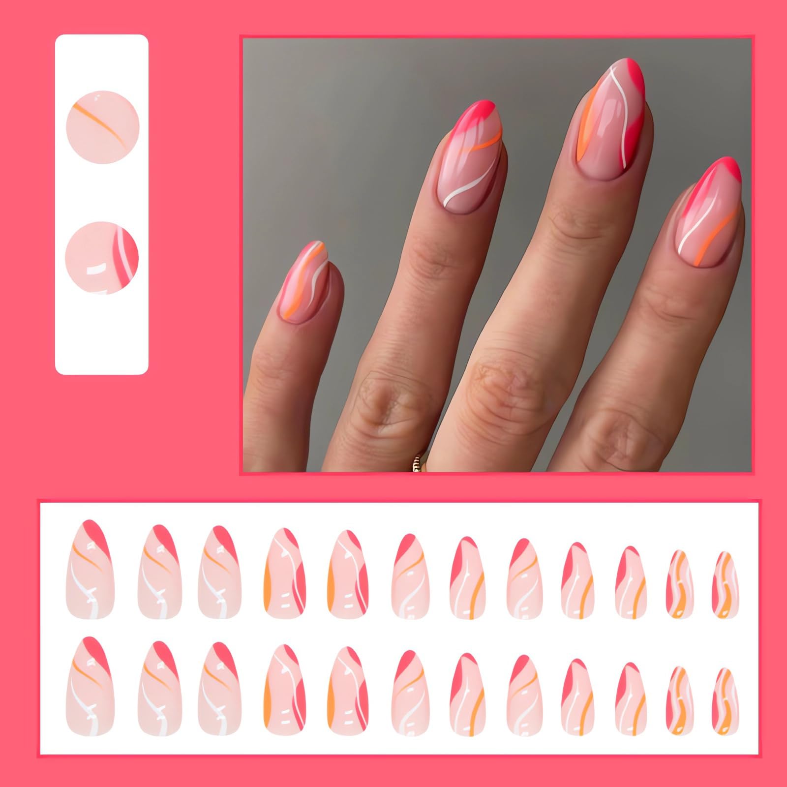 IMSOHOT French Tip Press on Nails Medium Almond Summer Fake Nails Glossy Acrylic False Nails with Designs Full Cover Gel Hot Pink Glue on Nails Reusable Stick on Nails 24pcs - Image 4