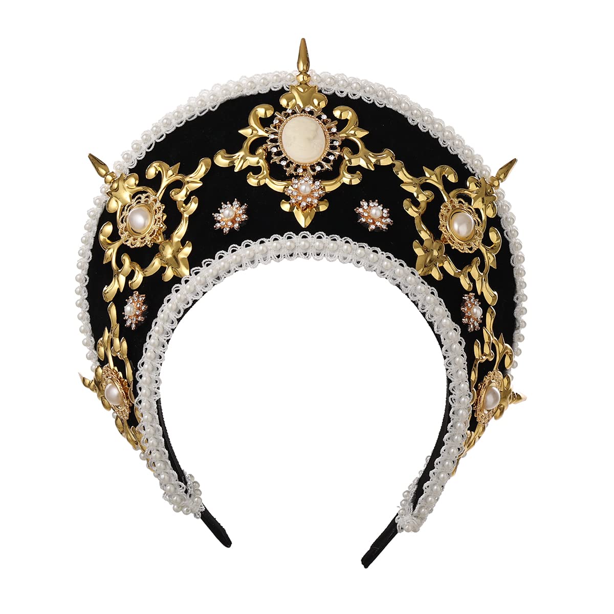 BPURB Renaissance Medieval Tudor Queen Headpiece for Women Anne Boleyn Headband Elizabethan Royal Coronet Hood Tiara Hat (Black-1)