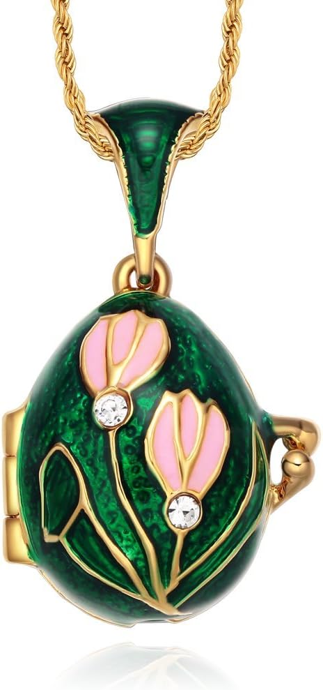 TF Charms Lily of the Valley Flower Royal Russian Faberge Egg Pendant Necklace 18" with Heart Charm Suprise Inside