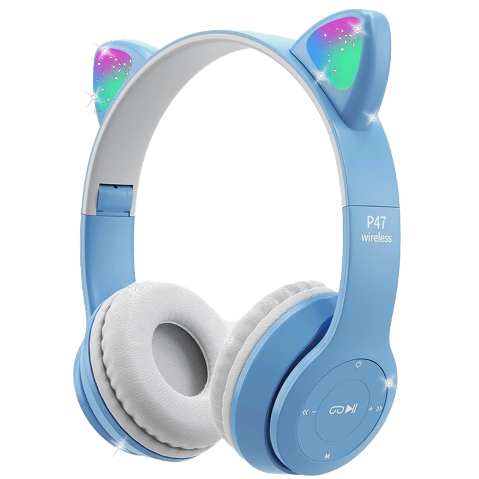 Megadream Kids Wireless Headphones, Bluetooth Over Ear Headphones with Microphone, Cat Ear LED Light Child Headset TF Card/Wired Foldable Earphones for Girls Boys Gift Age 7+(Blue) — image 1