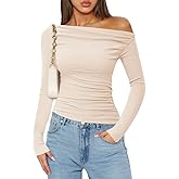 ZESICA Womens Off Shoulder Long Sleeve Tops 2026 Spring Casual Boat Neck Ruched Slim Fit Going Out Y2k Shirts Blouses