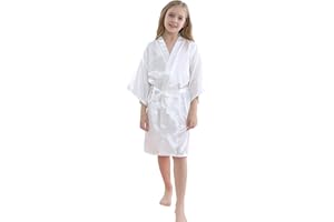 MORFORU Girls Kids Solid Color Silky Satin Kimono Robe for Wedding Spa Party, Short