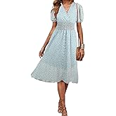 PRETTYGARDEN Women's Floral Wrap V-Neck Midi Dress Short Sleeve Boho Summer Beach Long Dress High Low Hem Smocked Dress Women
