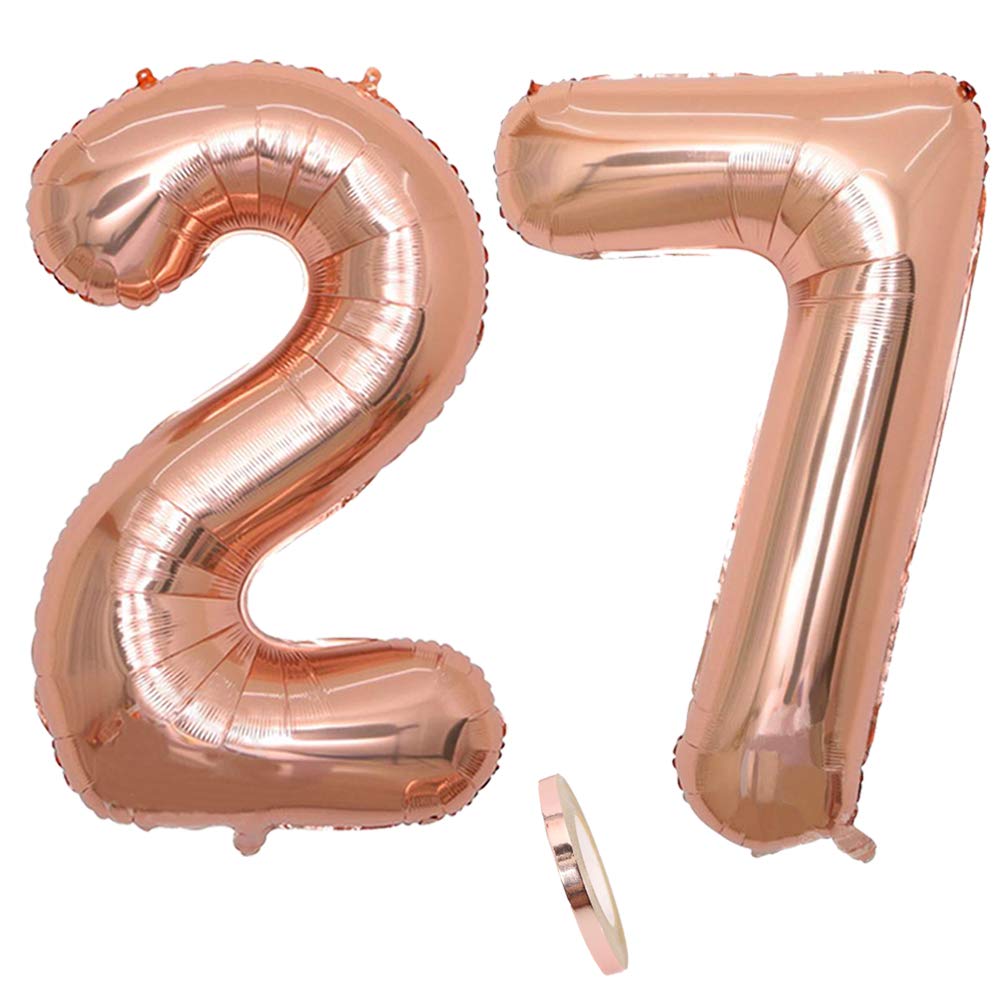 2 Balloons Number 27, Number 27 Balloon Rose Gold Girl 40" Inflatable Helium Foil Balloon Rose Gold Balloons Figures Giant Balloon for Birthday Party Decoration Prom (XXL 100 cm)