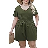 Nemidor Plus Size Casual Short Romper for Curvy Women Summer Stretchy Outfits Jumpsuit with Belt and Pocket 16-26