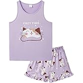 Hupohoi Girls Sleeveless Pajamas Vest Tank Top and Ruffle Shorts Sleepwear Outfits 2pcs Cute Printed Soft Sleepwear