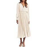 PRETTYGARDEN Womens Wrap V Neck Fall Dresses Wedding Guest Casual Pleated Long Sleeve Midi Dress Ruffle Smocked Long Dress