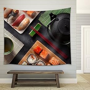 Set of Sushi and Maki Roll and Green Tea on Stone Table. Top View - Fabric Wall Tapestry Home Decor - 51x60 inches