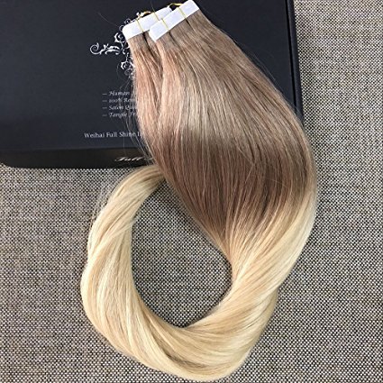 Full Shine 22" Tape in Hair Extensions Ombre Blonde Balayage Tape in Extensions Human Hair Remy Extensions Ombre Hair Dye Color #6 Fading to #613 Blonde 50g 20Pcs Per Package