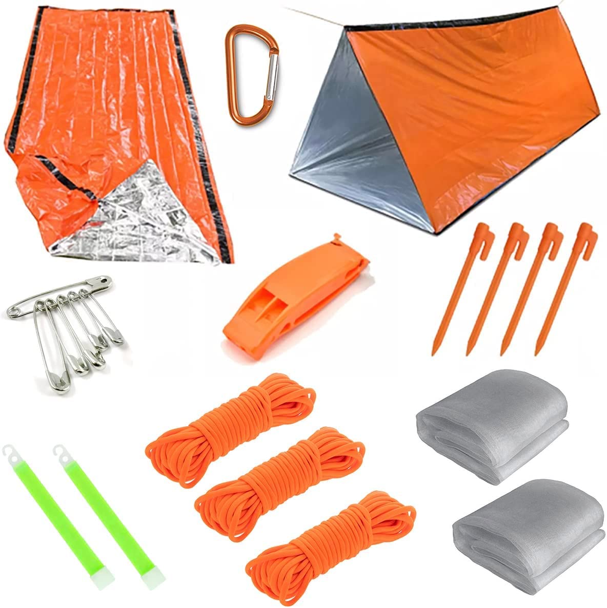 Emergency Survival Shelter Tent for 2 People + 3 Paracords, Tent Stakes, Glow Stick, Whistle | 100% Waterproof Tent | Ultralight & Extra Large - Windproof