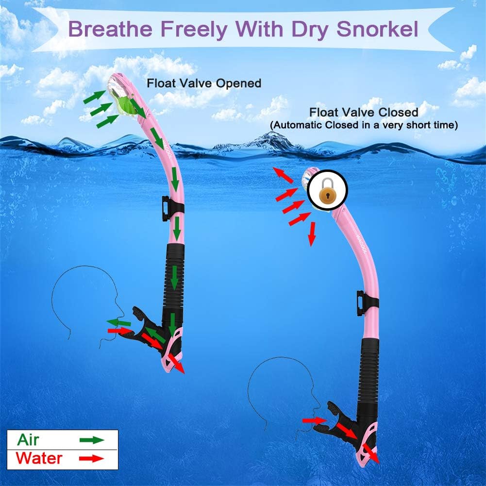 WACOOL Adults Snorkeling Snorkel Diving Scuba Package Set with Anti-Fog Coated Glass Purge Valve and Anti-Splash Silicon Mouth Piece for Men Women (Black+Pink) : Sports & Outdoors