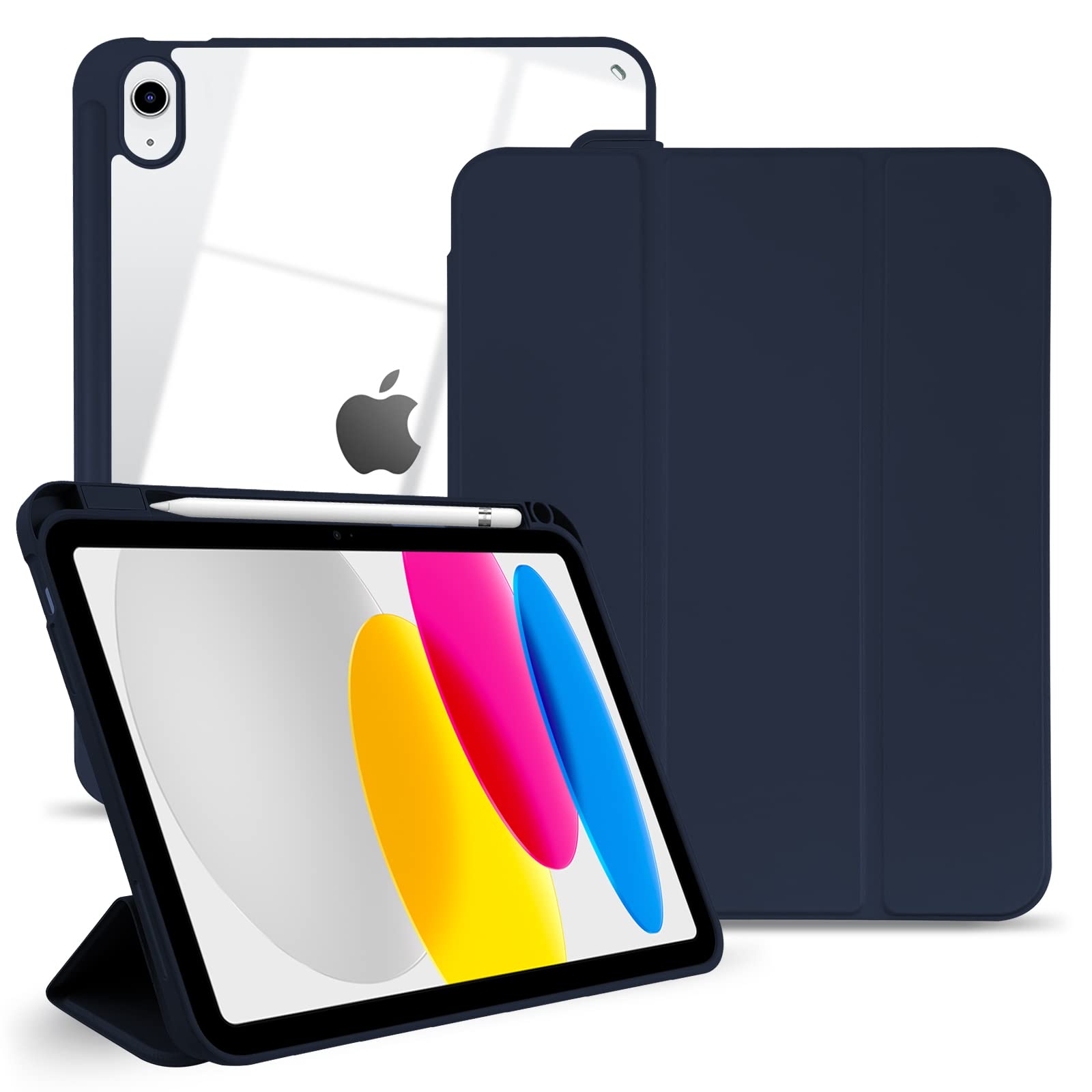 TopPerfekt iPad 10th Generation Case 2022 10.9 inch 2022 A2757 A2777, TPU Shockproof Frame and Protective Leather Cover [Built-in Pencil Holder, Support Auto Sleep/Wake] navyblue