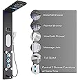 ELLO&ALLO LED Shower Panel Tower System, Rainfall and Mist Head Rain Massage Stainless Steel Shower Fixtures with Adjustable Body Jets, Black