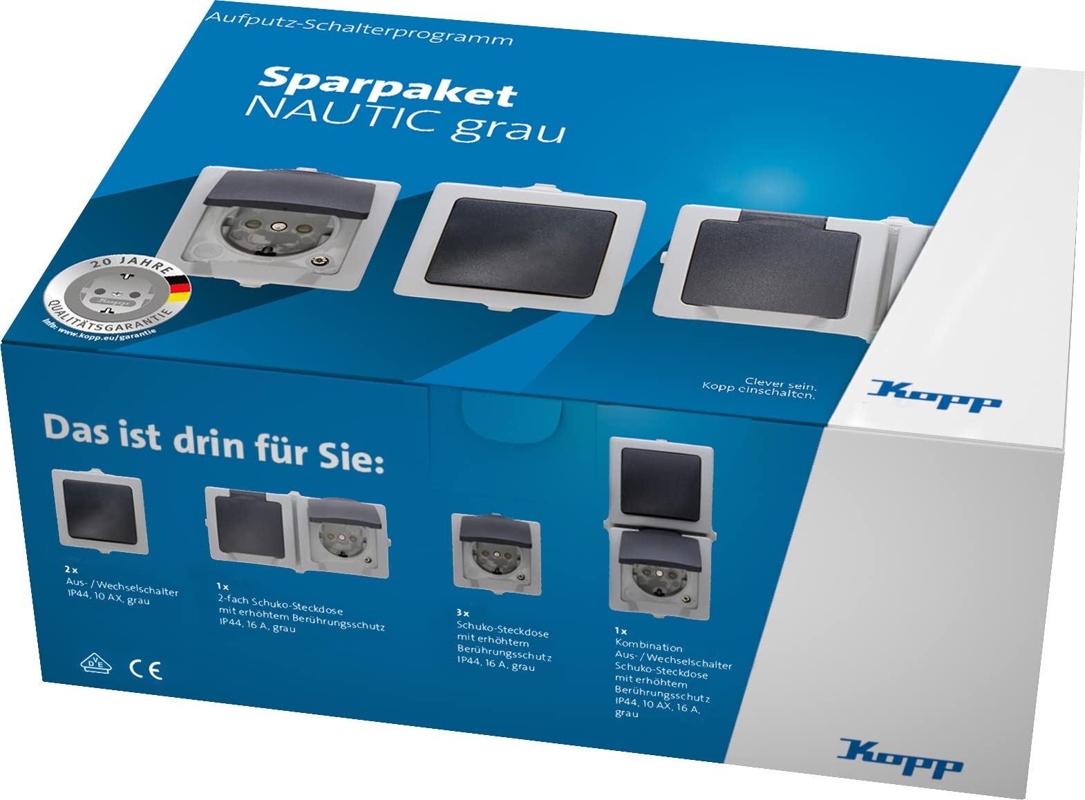 Kopp Nautic Economy Pack in Grey - 2 x Off Toggle Switches - 3 x 1-Way Surface-Mounted Socket with Increased Touch Protection - 1 x 2-Way Protective Contact Socket - 1 x Switch Socket Wet Room
