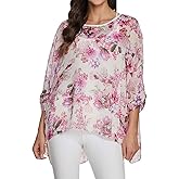 Rokou Women's Floral Printed Blouse Batwing Sleeve Top Chiffon Poncho Casual Loose Shirt Beach Tunic Tops