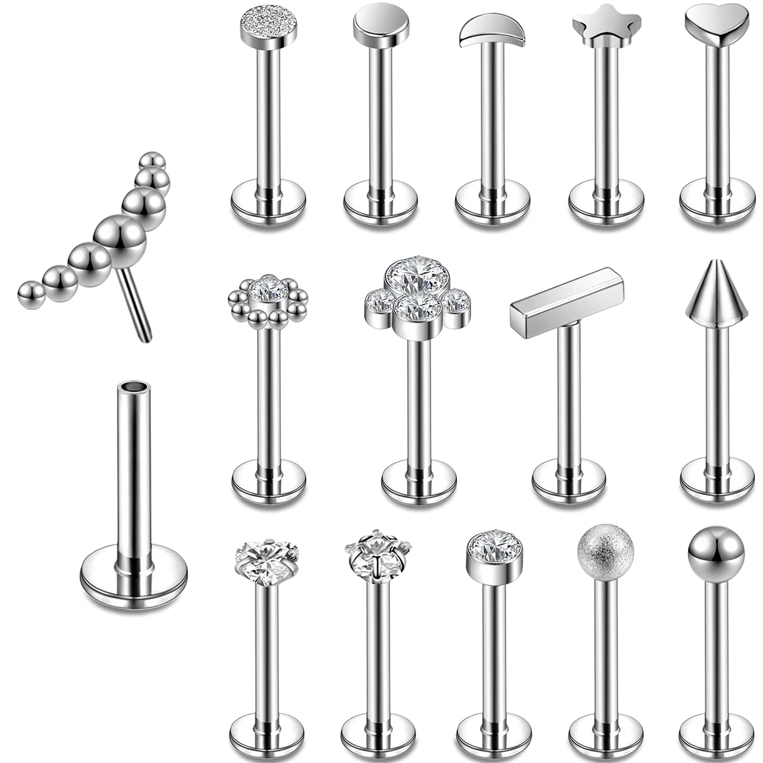 16G Pushin Lip Rings, Stainless Steel Medusa Piercing Jewelry, 2mm 3mm 4mm CZ Forward Helix Earring, Labret Monroe Piercing Jewelry for Women Men (15Pcs,8mm) — image 1
