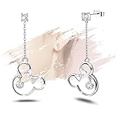 Sterling Silver Mouse Earrings - Hypoallergenic Cubic Zirconia Bow Mouse Drop Dangle Earrings for Teens Women Dainty Cute Animal Long Earring Adorable Gifts for Her Daughter Granddaughter Niece