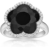 Lavari Jewelers Five Petal Flower Ring for Women - Black Onyx Green Malachite Mother of Pearl or Pink Quartz & Cubic Zirconia in 925 Sterling Silver - Hypoallergenic Gold Plated - Ring Size 6 to 8