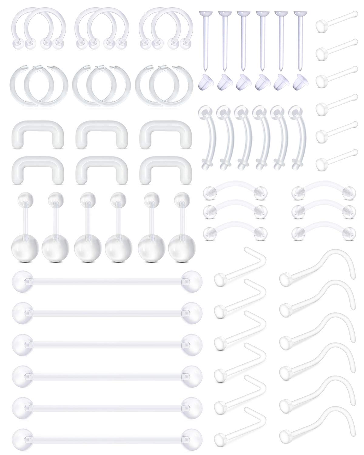 AceFun 66PCS Clear Piercing Retainer Septum Retainers Nose Studs Flexible Lip Ear Nose Hoop Tongue Rings Nipple Ring Earrings Plastic Industrial Piercing Jewelry Retainer