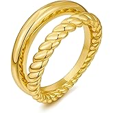WOWORAMA Chunky Gold Rings for Women Double Layer Statement Ring Trendy Twisted Stackable Rings Double Lines Band Ring Fashion Jewelry Size 7/8/9