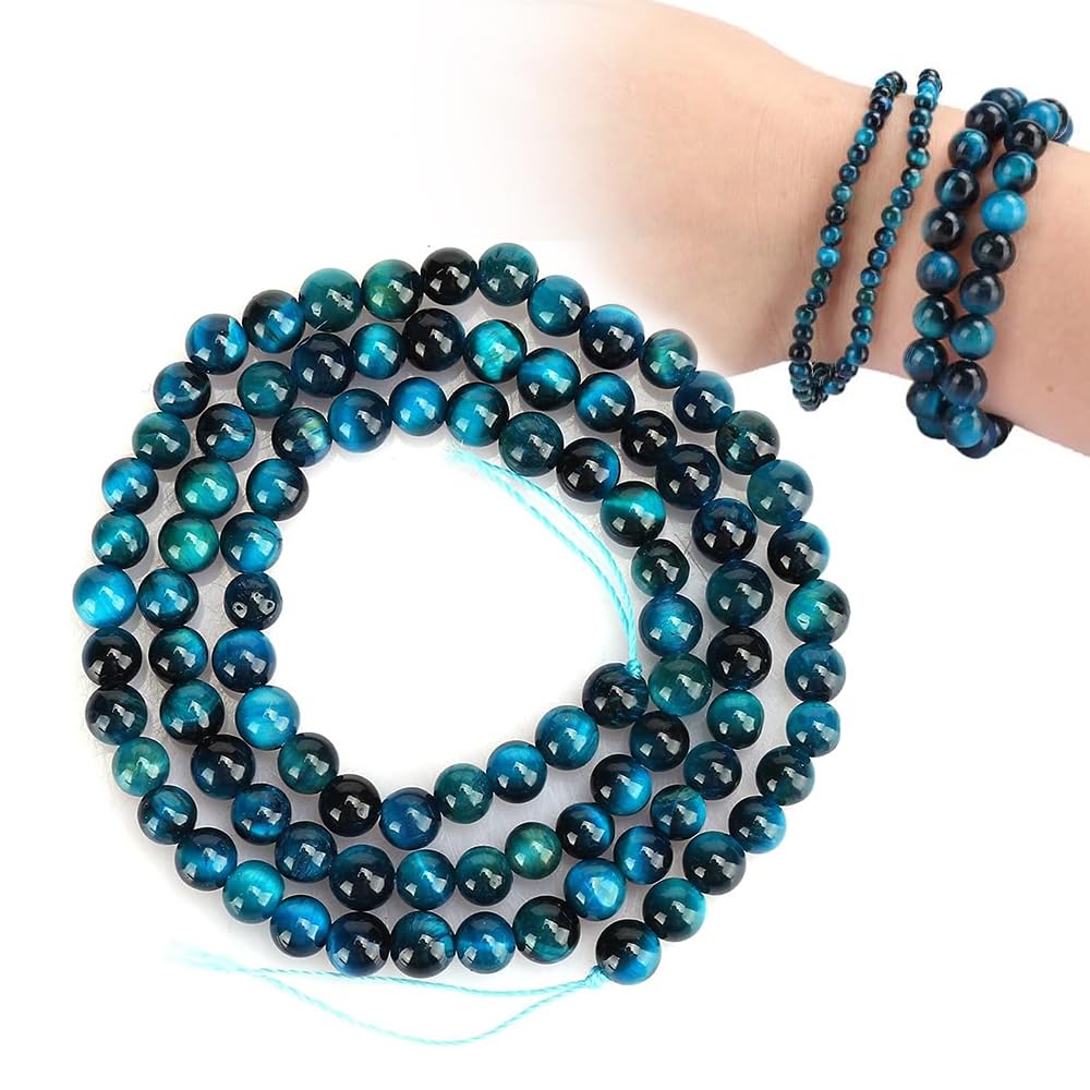 92PCS 4MM Blue Tiger Eye Beads, Natural Blue Gemstone Energy Stone Round Loose Beads Semi Precious Stone Beads for Bracelet Necklace Jewelry Making Home Decoration DIY