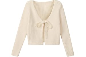 Mebius Girls Long Sleeve Cropped Cardigan Sweater Kids Ribbed Knit V Neck Tie Front Bolero Shrug Top School Casual