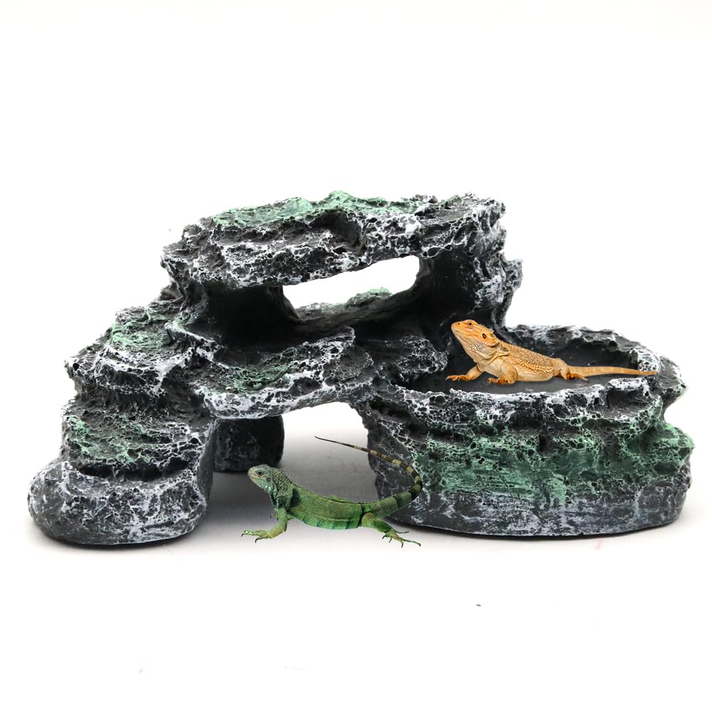 Reptile Hideout Cave Turtle Basking Platform Simulation Rock Fish Hide Habitat for Gecko Spiders Lizards Tortoise Aquarium