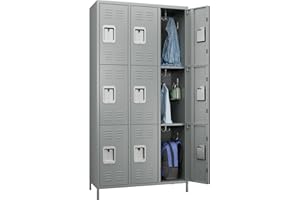 Reemoon Metal Locker Storage Cabinet for Employees, 72" Tall Steel Lockers for Home, Office, School, Gym (Light Grey, 9 Doors)