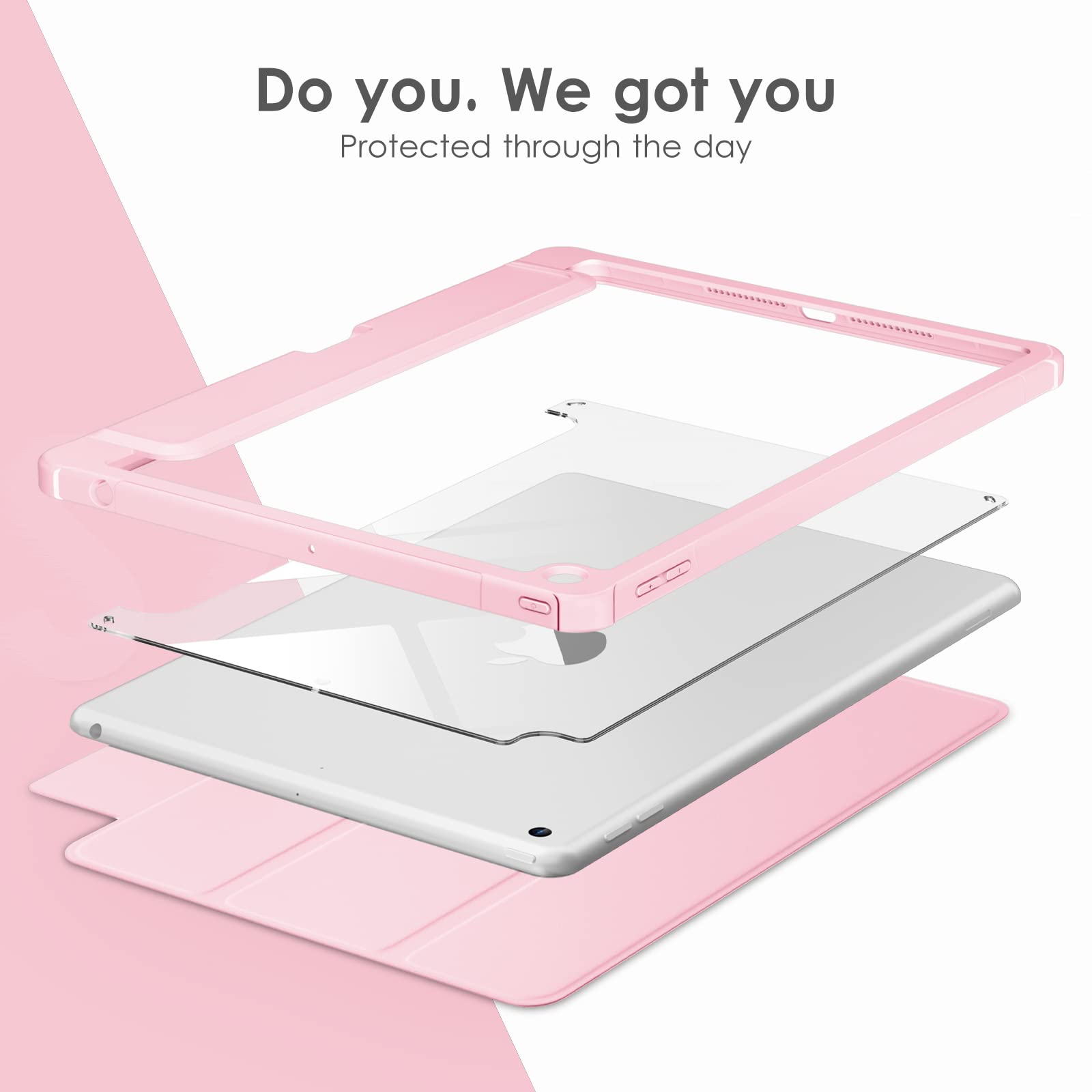 VIKESI Case for iPad 9th / 8th / 7th Generation 10.2 inch (2021/2020/2019 Released), Clear Back, TPU Shockproof Frame Cover[Built-in Pencil Holder,Support Auto Sleep/Wake] for ipad 10.2 - Pink