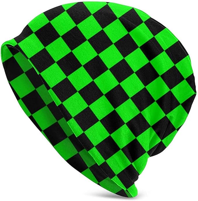 Unisex Adult Black and Lime Green Checkerboard Casual Beanie Hat Warm Knit Ski Beanies Skull Cap