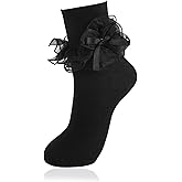 MKYSZLT 1 Pair Women Big Ruffle Ankle Bow Socks Adult Double Lace Frilly Dress Socks Cute Crew 80s Fancy Bobby Bride Sock