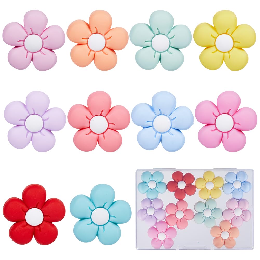 SUNNYCLUE 10 Styles Double-Sided Cute Cartoon Daisy Flowers Charms in Pink, Yellow, Blue Silicone Beads for Pen Lanyards and Keychains