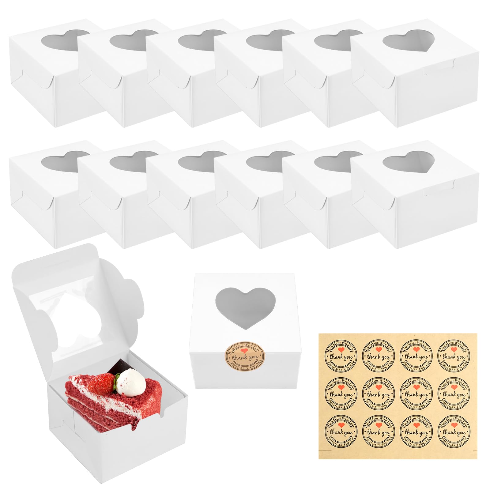 JOYSKY 24 Pcs White Cupcake Boxes Paper Cake Box Bakery Pastry Boxes with Windows and 24 Stickers Kraft Candy Boxes for Cupcakes Desserts Pastries Cookies Small Cakes Candy Pies & Gifts