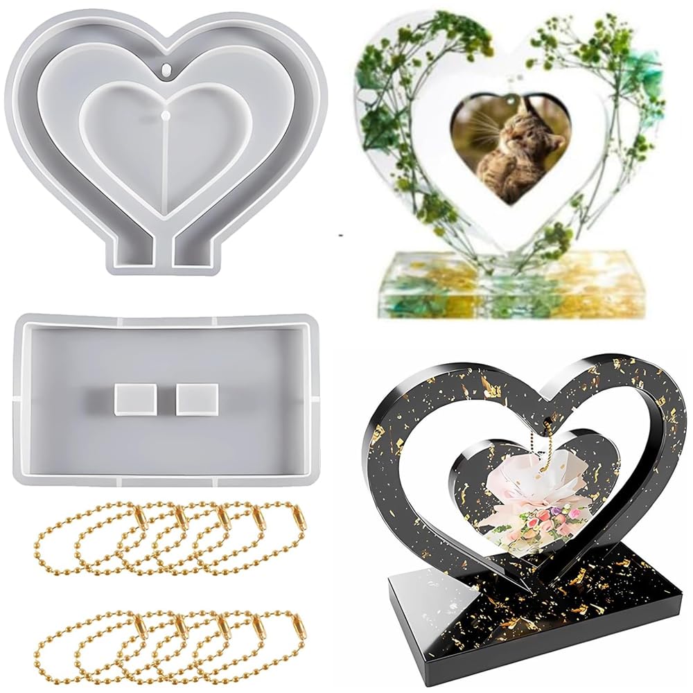 Vocridy Large Epoxy Resin Moulds, Heart Epoxy Resin Photo Frame with Small Heart Pendant, Silicone Mould Casting Mould, Resin Desktop Decorations for Desktop Decorations, Bookends, Picture Frame,