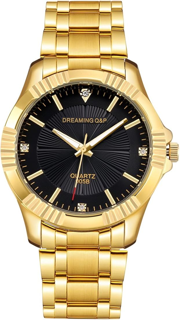 DREAMING Q&P Gold Stainless Steel Men's Watch - 005 IP Plated Dress Wristwatch for Male,Crystal Index,Adjustable Length (Gold-D)