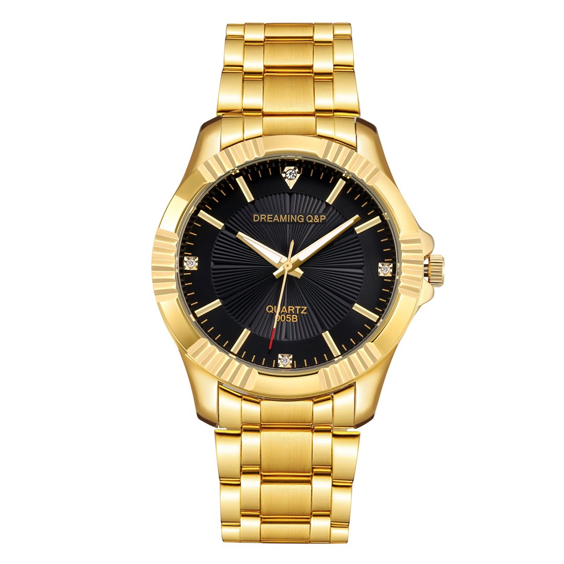 DREAMING Q&P Gold Stainless Steel Men's Watch - 005 IP Plated Dress Wristwatch for Male,Crystal Index,Adjustable Length (Gold-D)