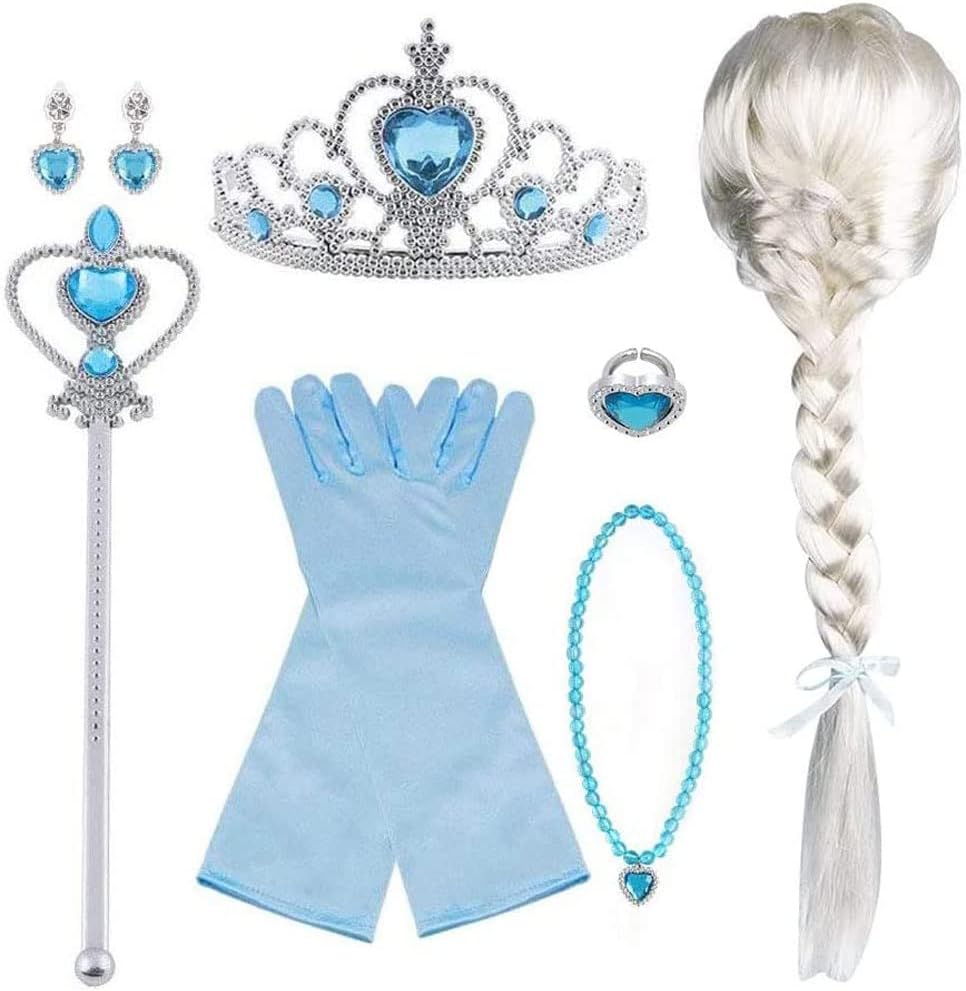 Vicloon Princess Dress Up Accessories 9-Piece Elsa Wig Tiara Wand Gloves Ring